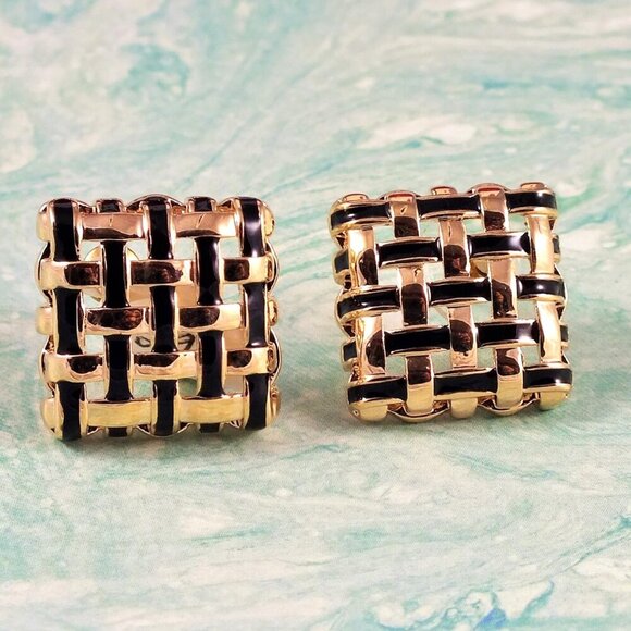 Braided Black and Gold Square Earrings - Picture 2 of 7